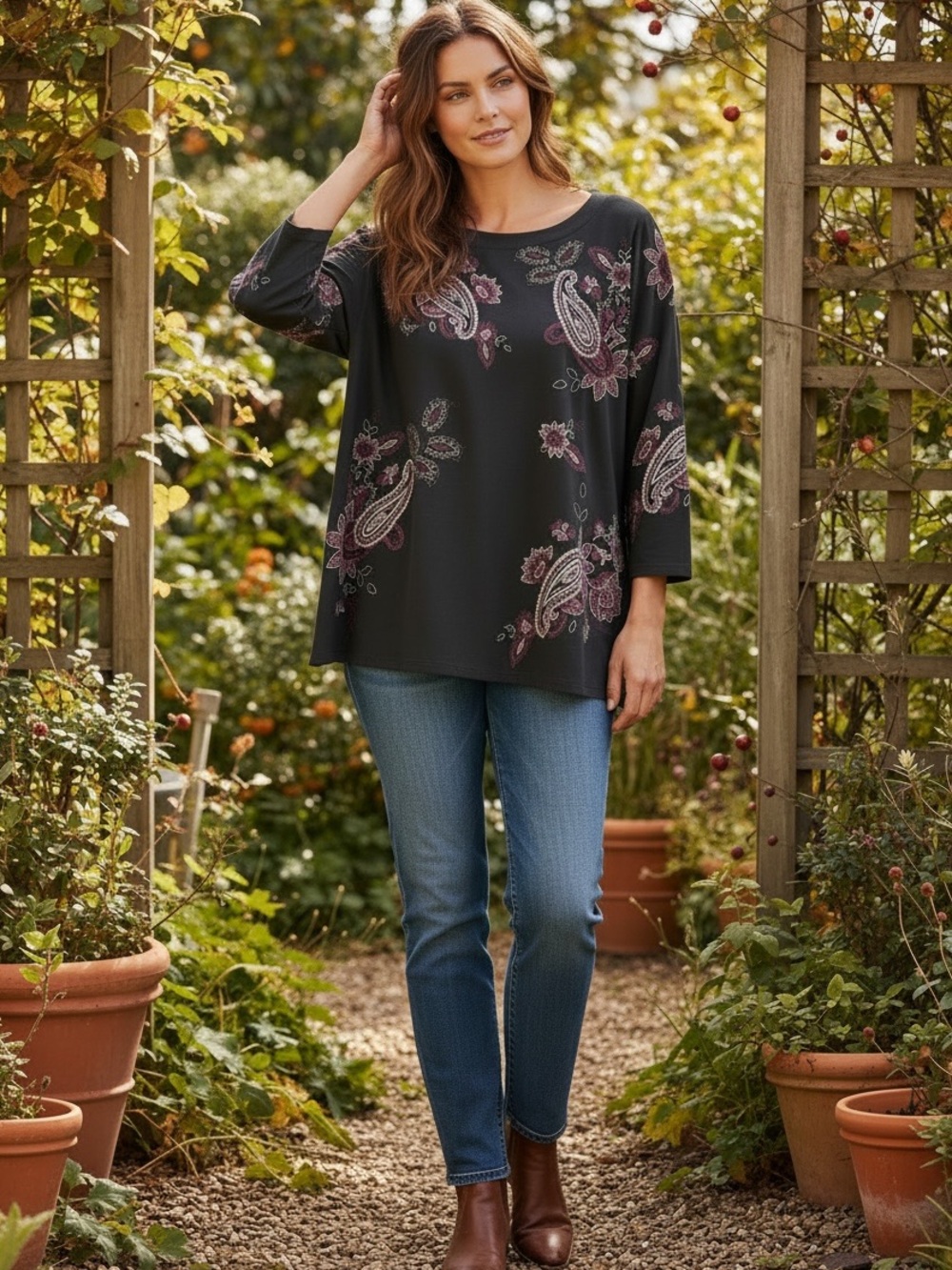 J Jill Embroidered Paisley Floral Ponte Knit Top Petite PL LP Black Feminine
